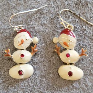 Dangle Silver Tone Snowman Hook Style Earrings - White Red Hat Holidays Cute